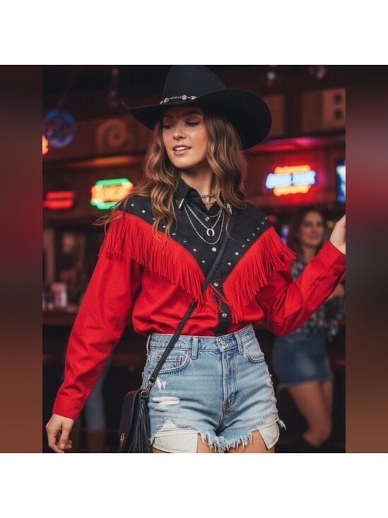 Saira Tops - Roper Black Red Western Shirt Fringe